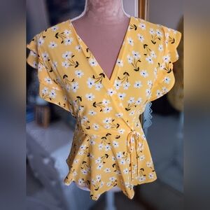 Monteau-Yellow Floral Ruffle Sleeve Faux Wrap Tie Blouse